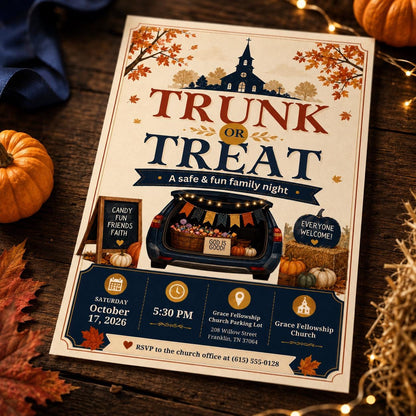 Trunk or Treat Invitation, Church Halloween Flyer, Fall Festival Party Invite, Family Trunk or Treat, Editable Canva Template