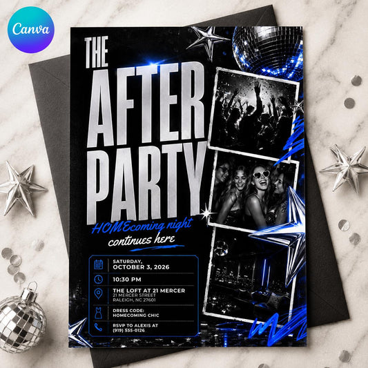 Homecoming After Party Invitation, HOCO Party Flyer, Black Silver Blue Disco Photo Invite, Editable School Dance Canva Template