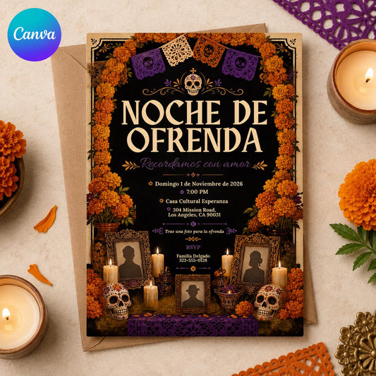 Dia de los Muertos Invitation: Noche de Ofrenda Memorial — editable Canva template