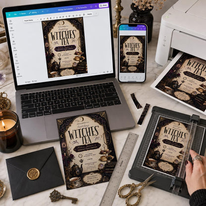 Vintage Gothic Witch Tea Party Invitation — digital invitation, instant download