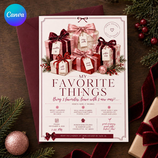 Pink Favorite Things Party Invitation for Girls — editable Canva template