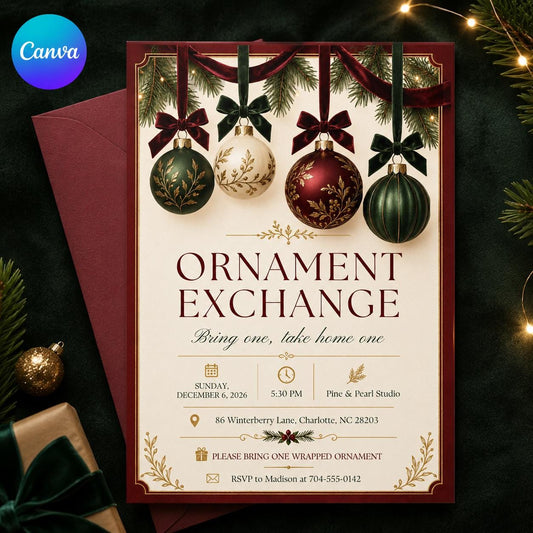Christmas Ornament Exchange Invitation, Holiday Ornament Swap Party, Elegant Vintage Christmas Invite, Editable Canva Template
