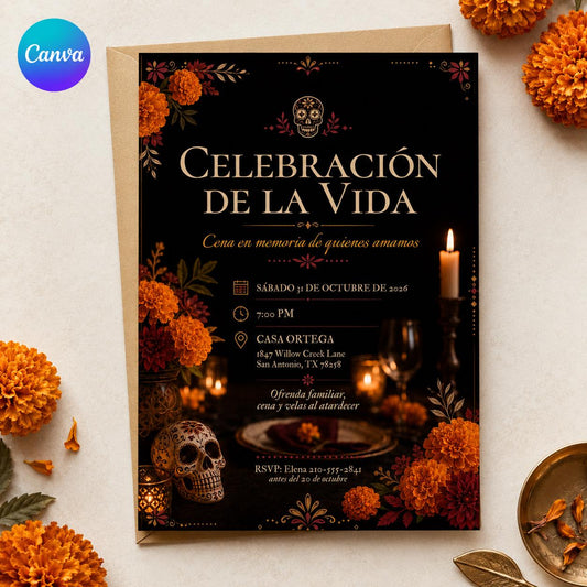 Dia de los Muertos Invitation: Celebration of Life Memorial — editable Canva template