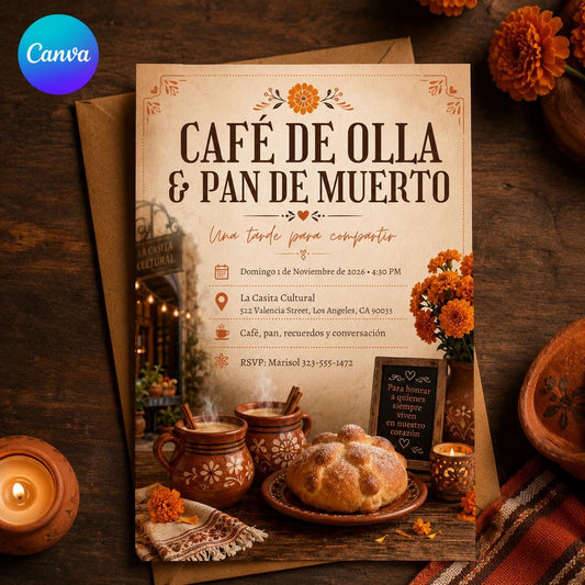 Fiesta Day of the Dead Invitation: Cafe de Olla Pan de Muerto Gathering — editable Canva template
