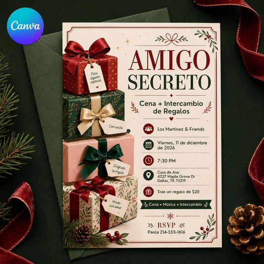 Spanish Secret Santa Invitation, Amigo Secreto Gift Exchange Dinner, Christmas Party en Español Canva Template
