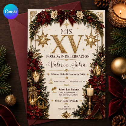 Mis XV Posada Invitation, Christmas Quinceanera, Spanish Holiday XV Anos Party Canva Template