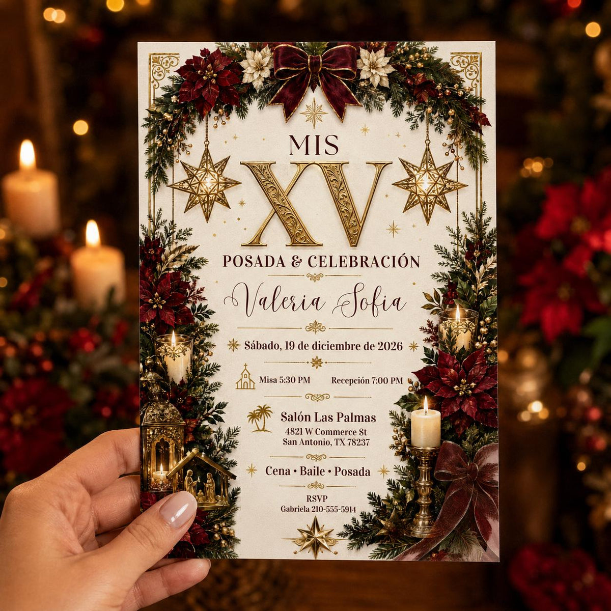 Mis XV Posada Invitation, Christmas Quinceanera, Spanish Holiday XV Anos Party Canva Template