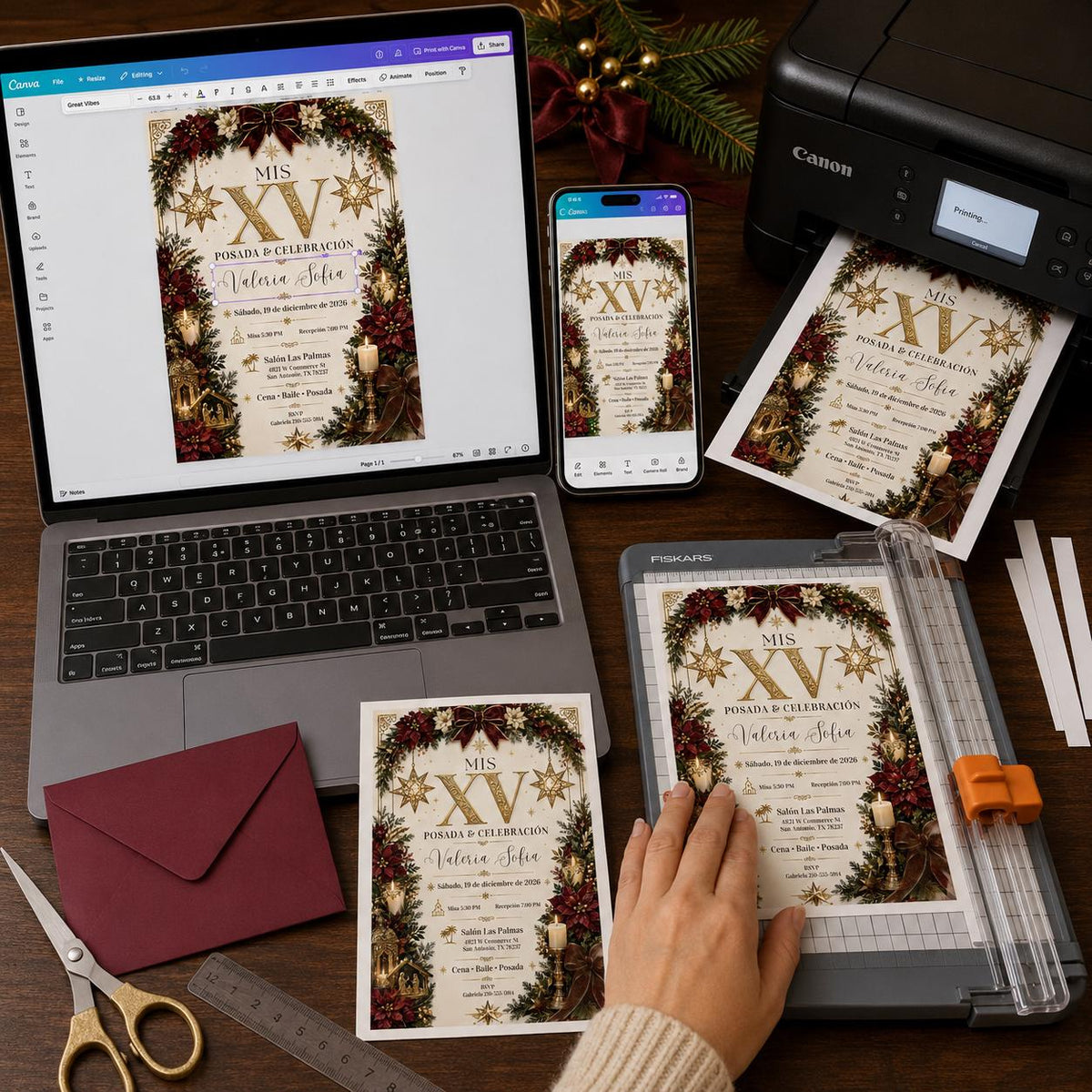 Mis XV Posada Invitation, Christmas Quinceanera, Spanish Holiday XV Anos Party Canva Template