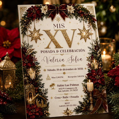 Mis XV Posada Invitation, Christmas Quinceanera, Spanish Holiday XV Anos Party Canva Template