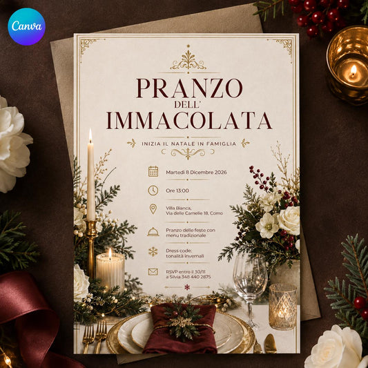 Italian Immacolata Lunch Invitation, Elegant Family Christmas Lunch Editable Canva Template