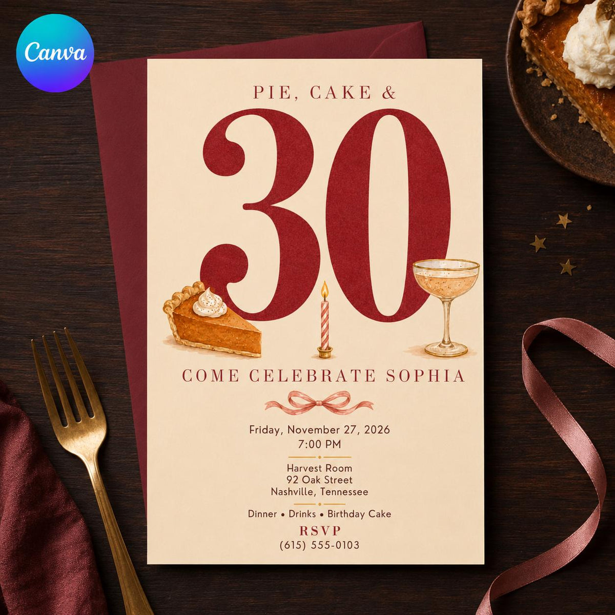 30th Birthday Invitation, Pie and Cake Birthday Dinner Invite, Coquette Minimalist Party, Editable Canva Template