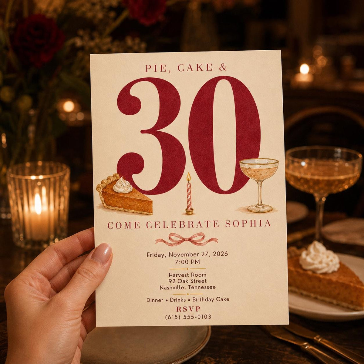30th Birthday Invitation, Pie and Cake Birthday Dinner Invite, Coquette Minimalist Party, Editable Canva Template