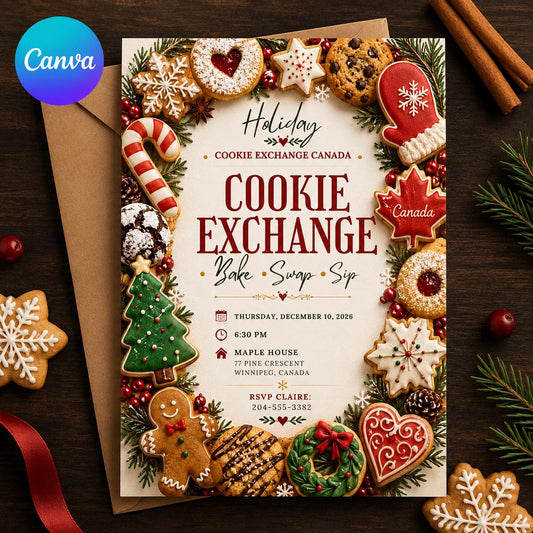 Christmas Cookie Exchange Invitation: Canada Holiday Bake Swap Party — editable Canva template