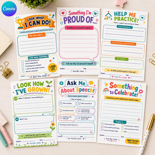Speech Therapy Parent Communication Notes — editable Canva template