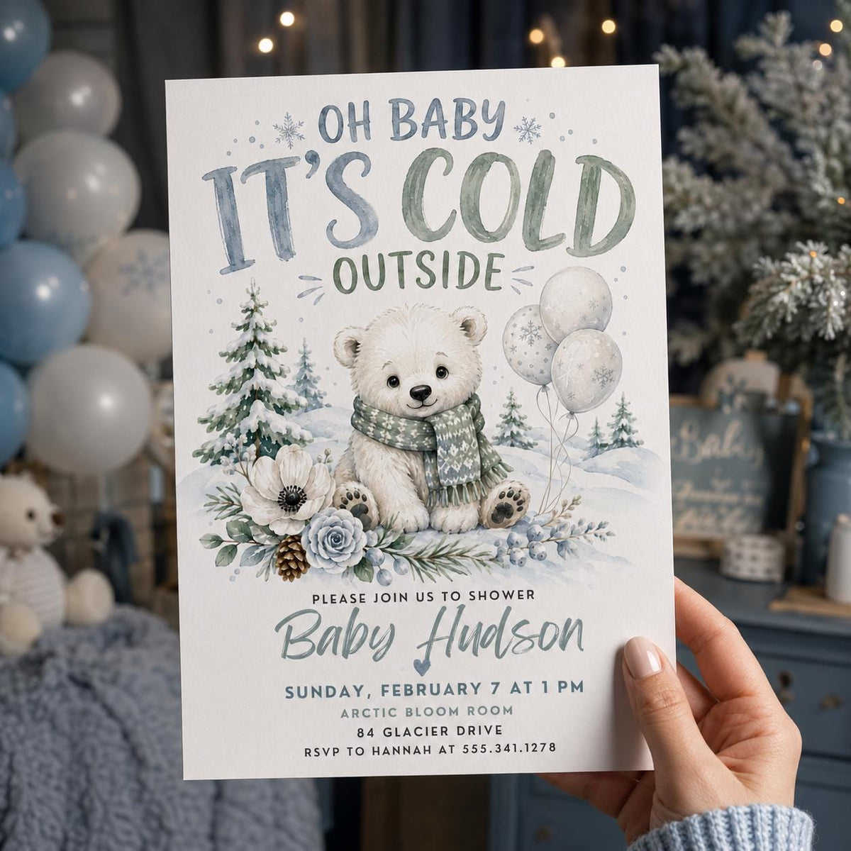 Blue Watercolor Winter Baby Shower Invitation — invitation you personalize in Canva