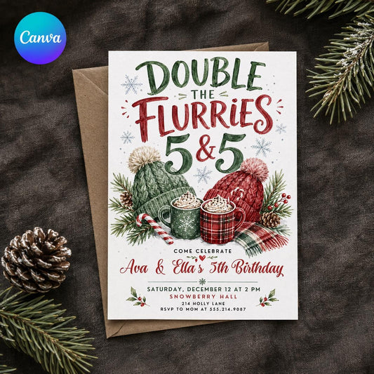 Twin 5th Birthday Invitation, Double the Flurries Winter Party Invite, Christmas Twin Girls Editable Canva Template