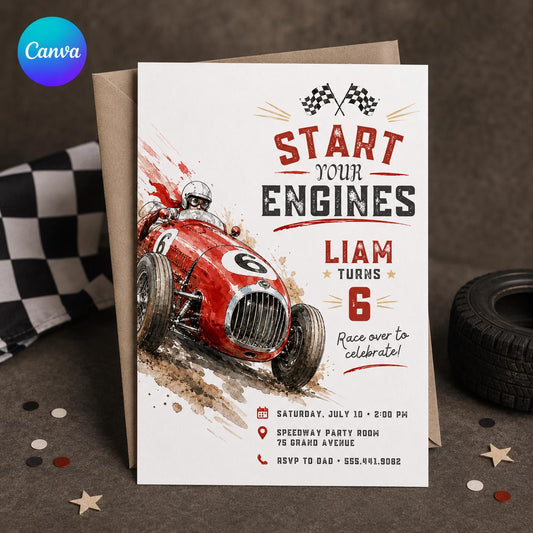 Race Car Birthday Invitation, Vintage Racing Party Invite for Boys, 6th Birthday Editable Canva Template