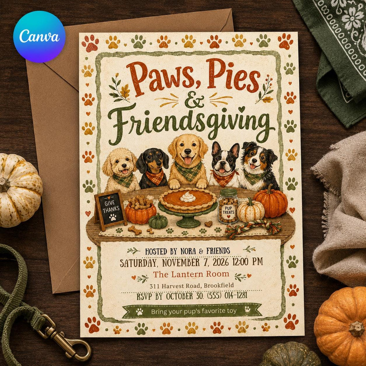 Paws Pies and Friendsgiving Dog Party Invitation — editable Canva template