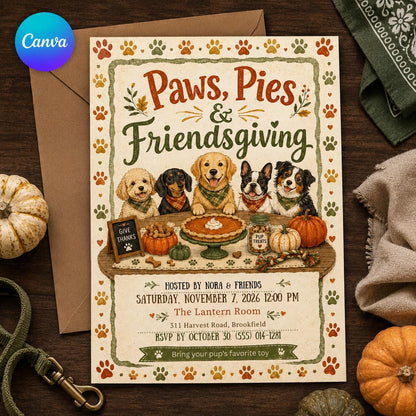 Paws Pies and Friendsgiving Dog Party Invitation — editable Canva template