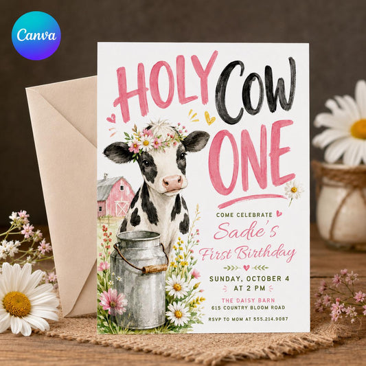 Holy Cow First Birthday Invitation, Pink Cow Farm Girl Birthday Invite, Editable Canva Template