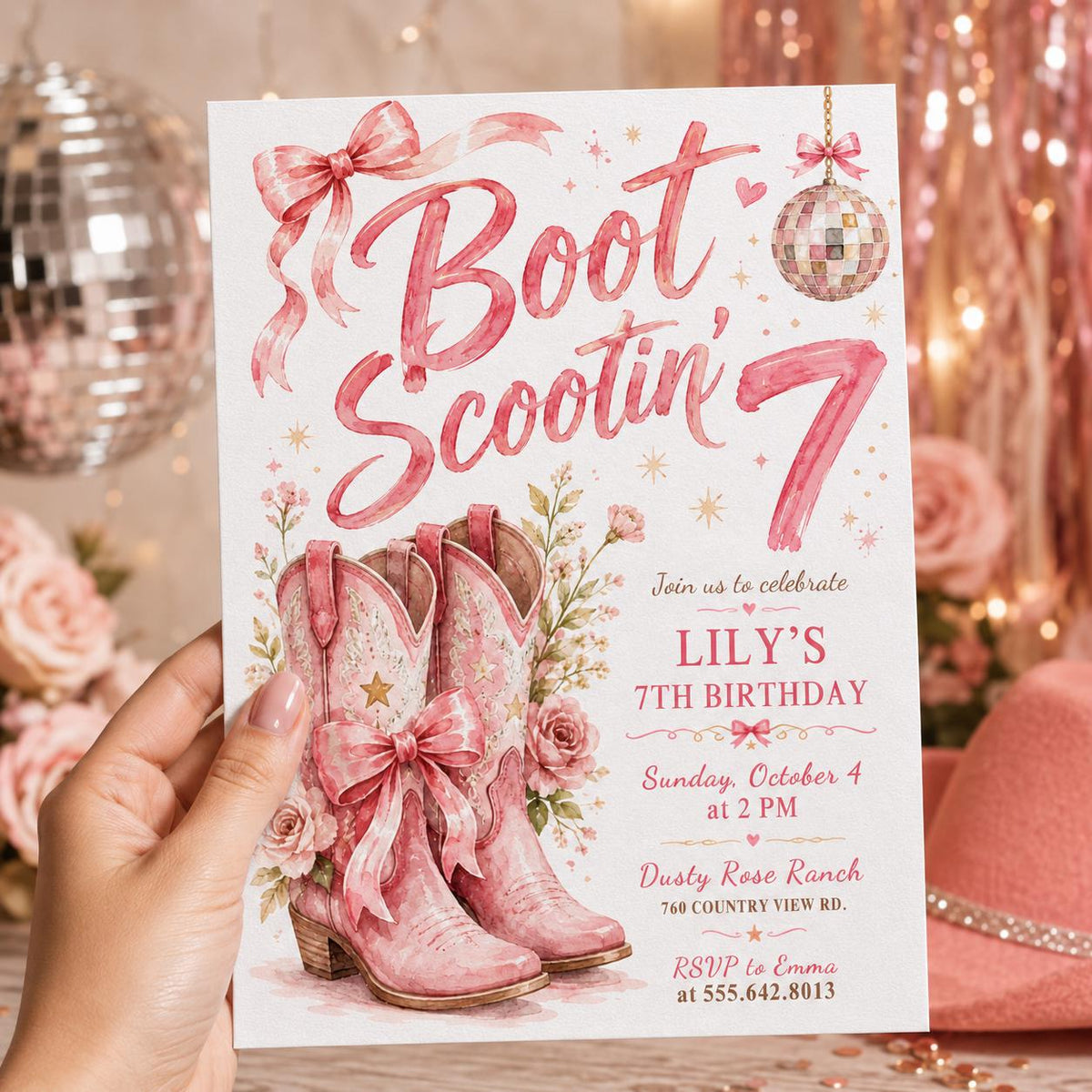 Disco Pink Cowgirl 7th Birthday Invitation for Girls — invitation you personalize in Canva