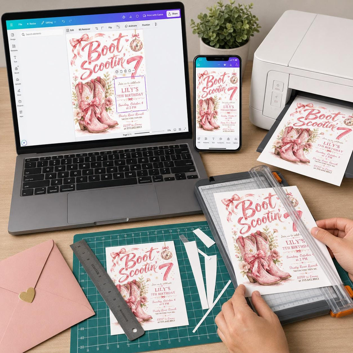 Disco Pink Cowgirl 7th Birthday Invitation for Girls — print-ready 7th birthday party design from VoltBy