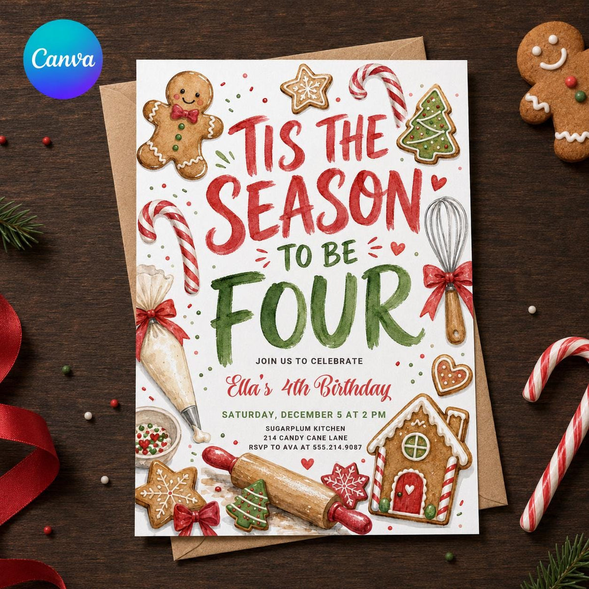 Gingerbread 4th Birthday Invitation, Christmas Baking Party Invite, Tis the Season to Be Four, Editable Canva Template
