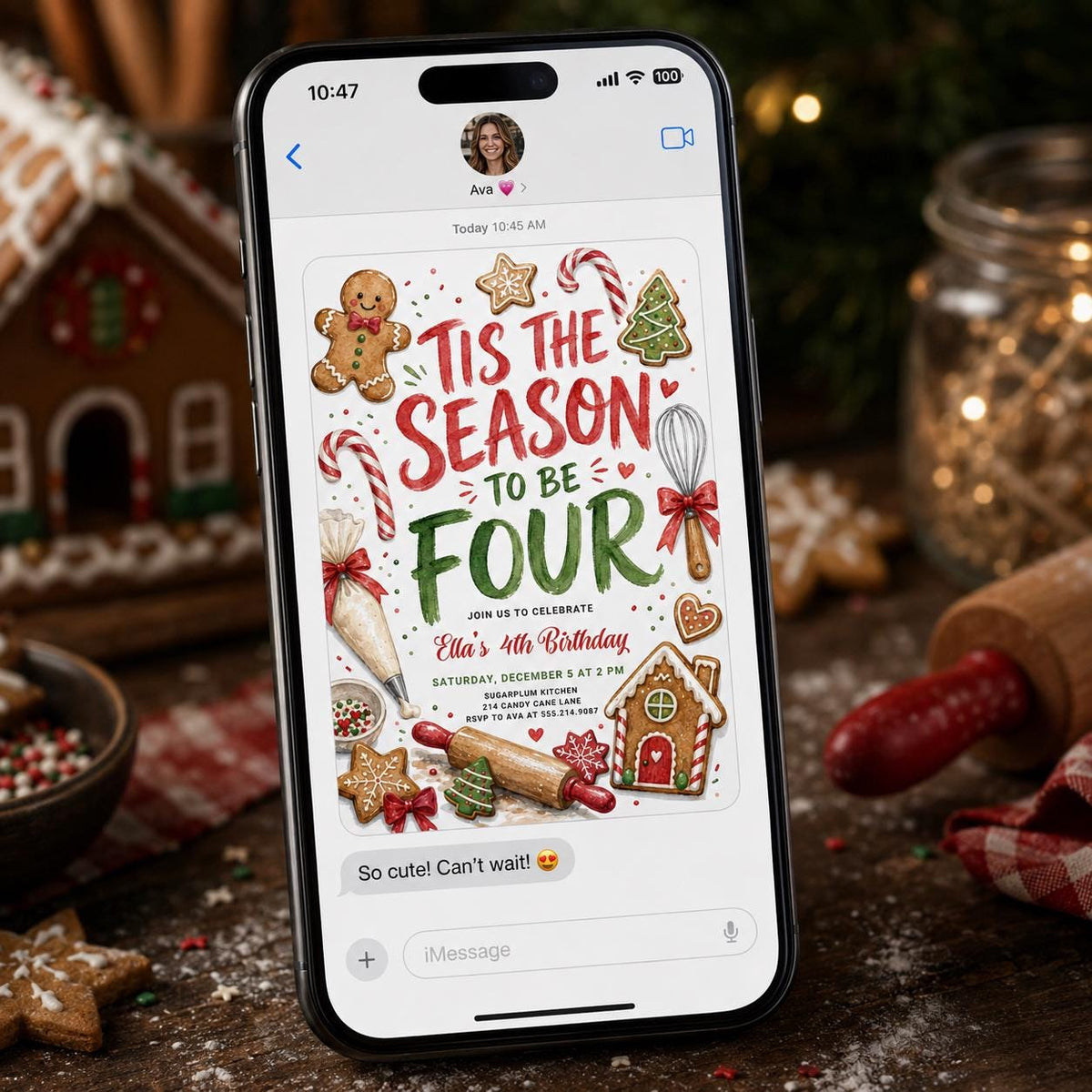 Gingerbread 4th Birthday Invitation, Christmas Baking Party Invite, Tis the Season to Be Four, Editable Canva Template