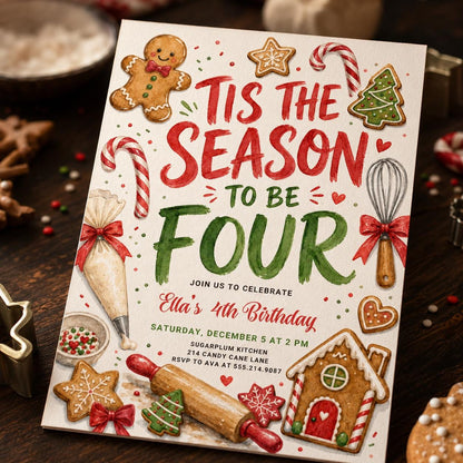 Gingerbread 4th Birthday Invitation, Christmas Baking Party Invite, Tis the Season to Be Four, Editable Canva Template