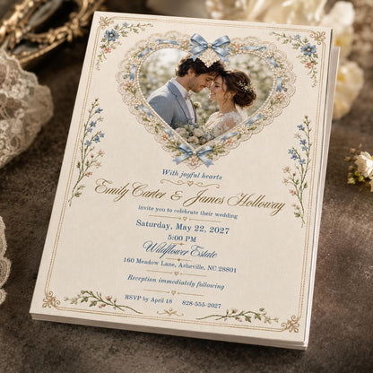Coquette Wedding Invitation, Blue Bow Lace Heart Photo Invite, Romantic Floral Editable Canva Template