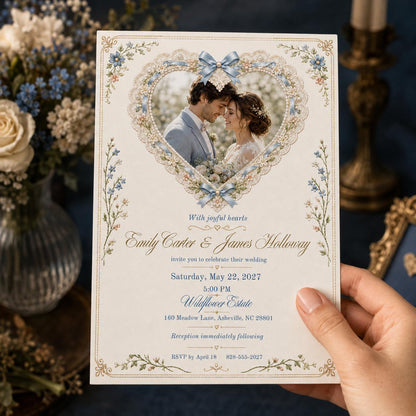 Coquette Wedding Invitation, Blue Bow Lace Heart Photo Invite, Romantic Floral Editable Canva Template