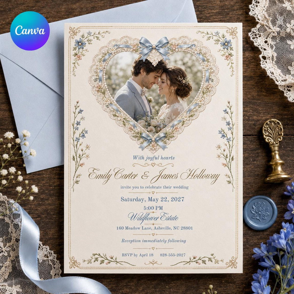 Coquette Wedding Invitation, Blue Bow Lace Heart Photo Invite, Romantic Floral Editable Canva Template
