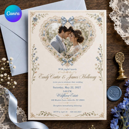 Coquette Wedding Invitation, Blue Bow Lace Heart Photo Invite, Romantic Floral Editable Canva Template