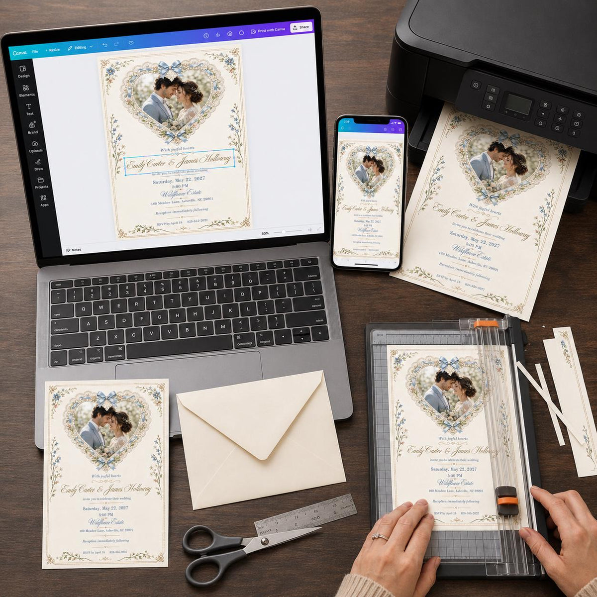 Coquette Wedding Invitation, Blue Bow Lace Heart Photo Invite, Romantic Floral Editable Canva Template