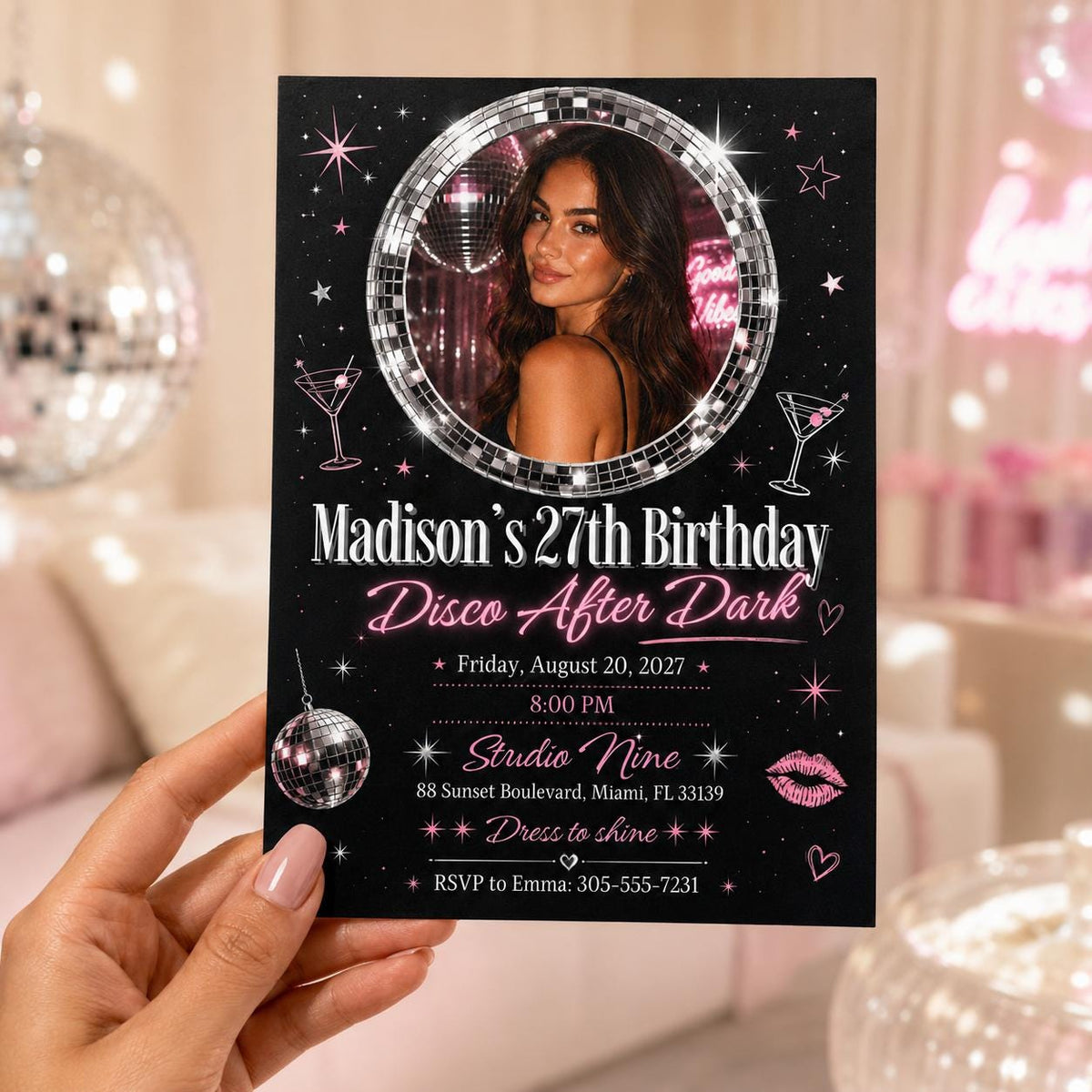 27th Birthday Invitation, Disco Birthday Photo Invite, Pink Black Neon Party Editable Printable Canva Template