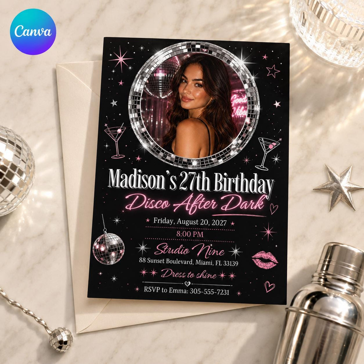 27th Birthday Invitation, Disco Birthday Photo Invite, Pink Black Neon Party Editable Printable Canva Template