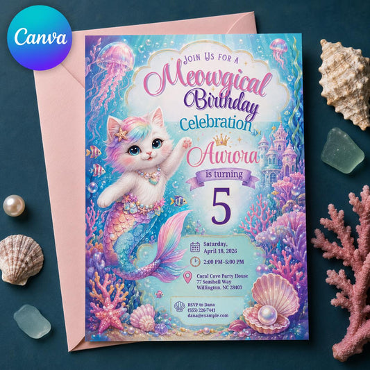 Mermaid Cat Birthday Invitation, Under the Sea Kitty Party Invite, 5th Birthday Girl, Editable Canva Template