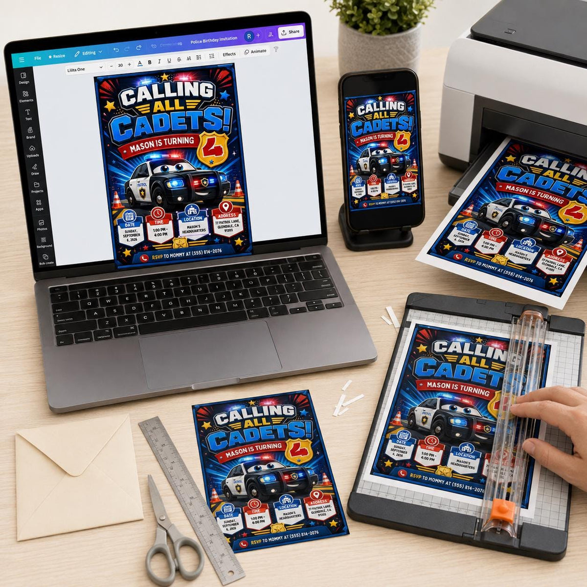 Police Birthday Invitation, Calling All Cadets Party Invite, Editable Police Car 4th Birthday, Kids Canva Template