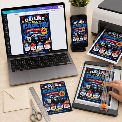 Police Birthday Invitation, Calling All Cadets Party Invite, Editable Police Car 4th Birthday, Kids Canva Template