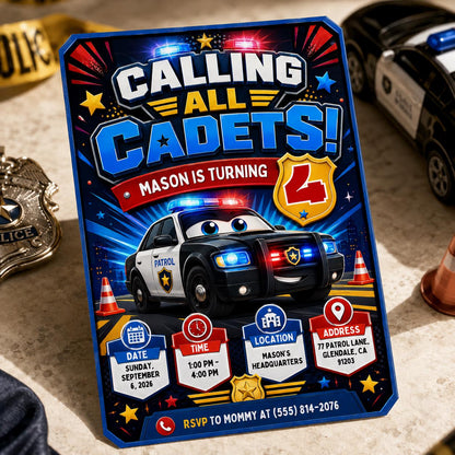 Police Birthday Invitation, Calling All Cadets Party Invite, Editable Police Car 4th Birthday, Kids Canva Template