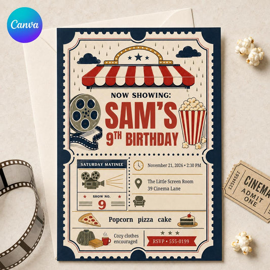 Movie Night Birthday Invitation, Retro Cinema 9th Birthday Party Invite, Popcorn Film Reel, Editable Canva Template