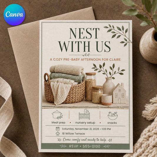 Nesting Party Invitation, Nest With Us Baby Shower, Neutral Sage Pre-Baby Gathering Editable Invite, Canva Template