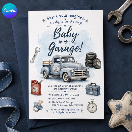 Baby in the Garage Baby Shower Invitation, Mechanic Truck Theme, Editable Boy Shower Invite, Canva Template