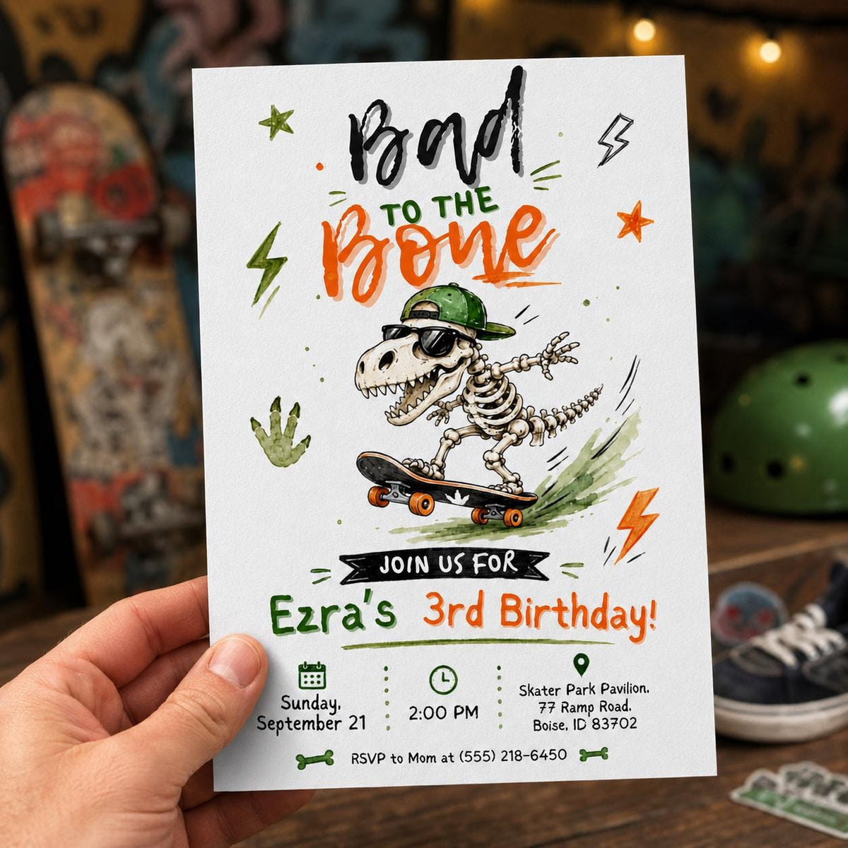 Dinosaur Skateboard Birthday Invitation, Skater Dino 3rd Birthday Party Invite, Editable Canva Template