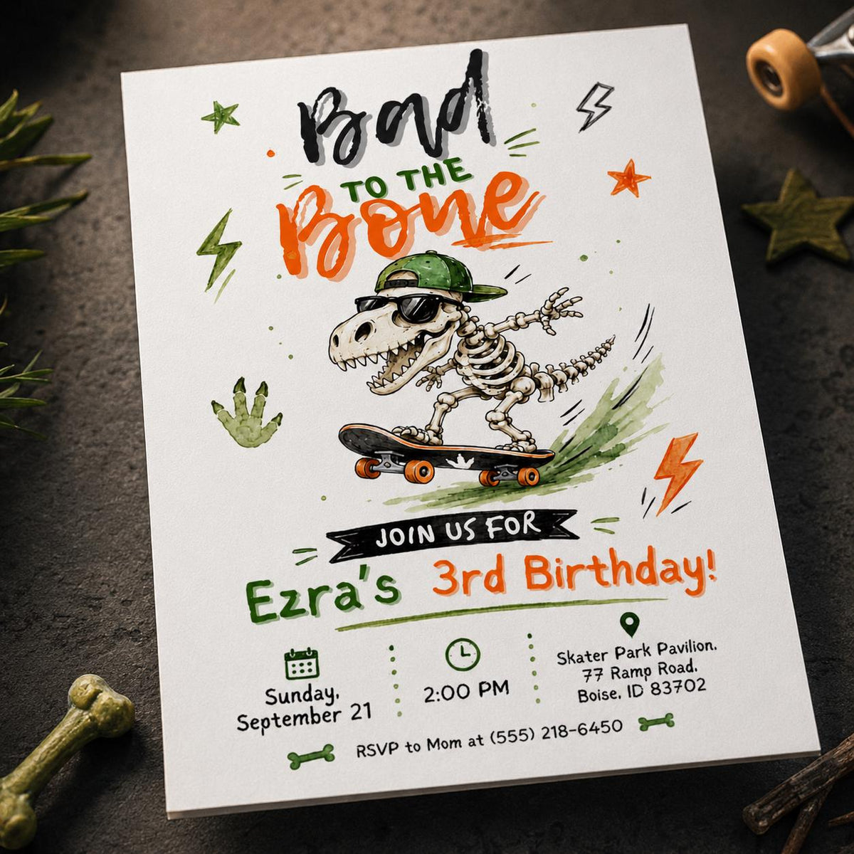 Dinosaur Skateboard Birthday Invitation, Skater Dino 3rd Birthday Party Invite, Editable Canva Template