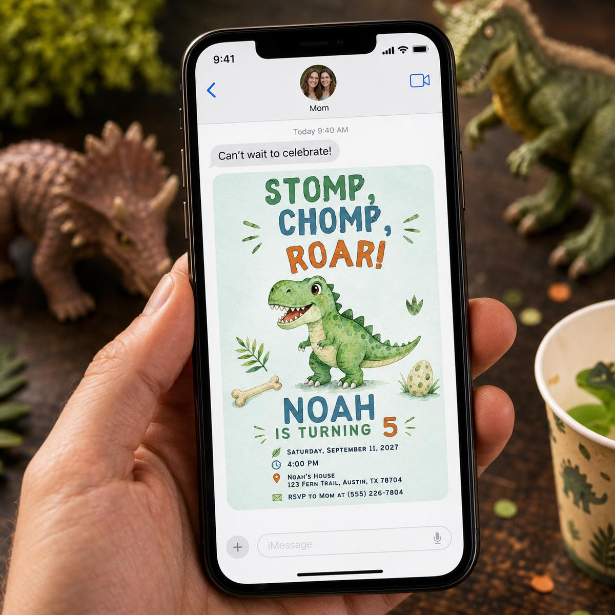 Dinosaur 5th Birthday Invitation, Stomp Chomp Roar T-Rex Party Invite, Five-A-Saurus Editable Canva Template
