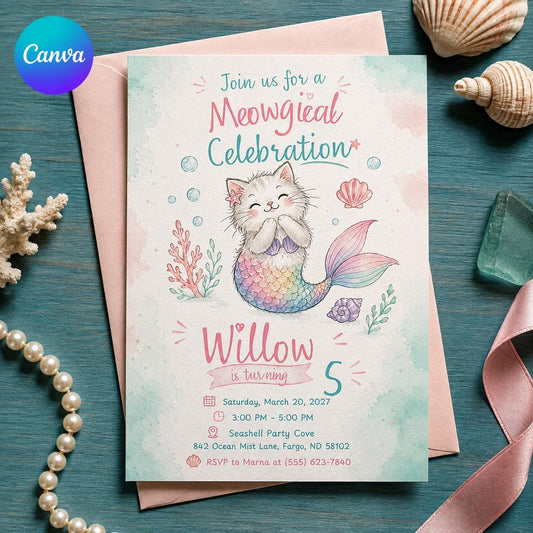 Mermaid Cat Birthday Invitation, Meowgical Under the Sea Party Invite, 5th Birthday Girl Editable Canva Template