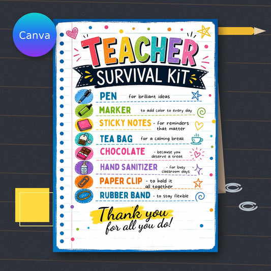 Colorful Teacher Survival Kit Appreciation Sign — editable Canva template