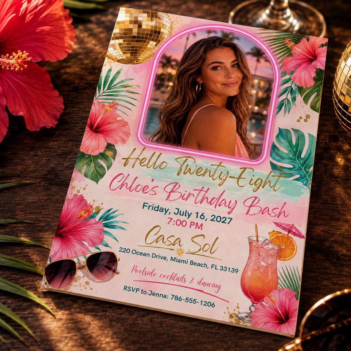 Pink Neon 28th Birthday Invitation — disco ball and pool design