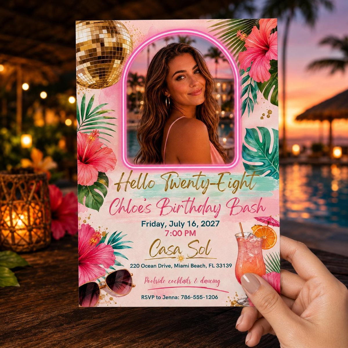 Pink Neon 28th Birthday Invitation — disco 28th birthday party design